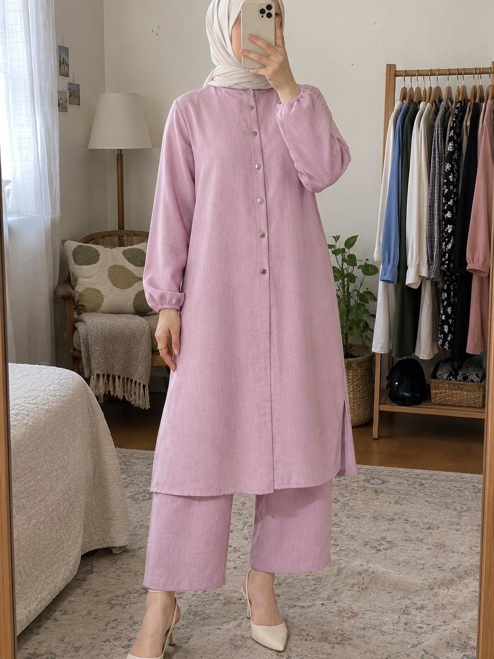 Modest Long Tunic & Wide-Leg Pants Set – Powder Pink Turkish Size( L) US (XL)
